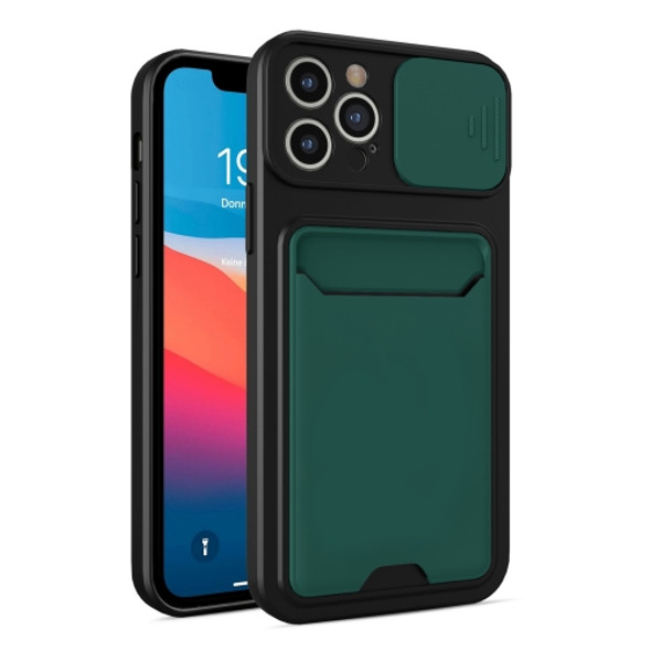 Sliding Camera Cover Design TPU + PC Shockproof Phone Case with Card Slot For iPhone 11 Pro(Dark Night Green)