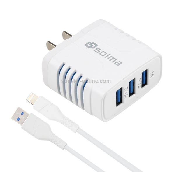 SOlma 2 in 1 6.2A 3 USB Ports Travel Charger + 1.2m USB to 8 Pin Data Cable Set, US Plug