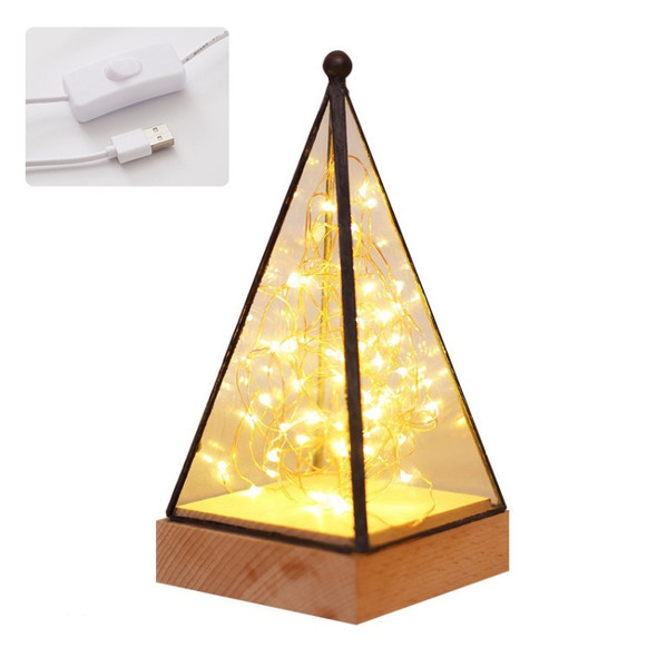 Fireworks 3D Triangle Glass Lampshade Wooden Base Night Light Birthday Christmas Gift, Spec:  Button Switch(Pyramid)
