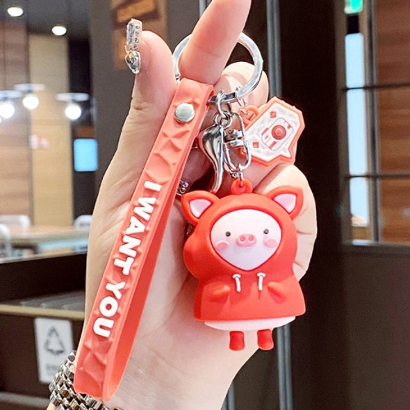 5 PCS MX-80002 Raincoat Piggy Keychain Cute Soft Rubber Doll Car Keyring(Red )