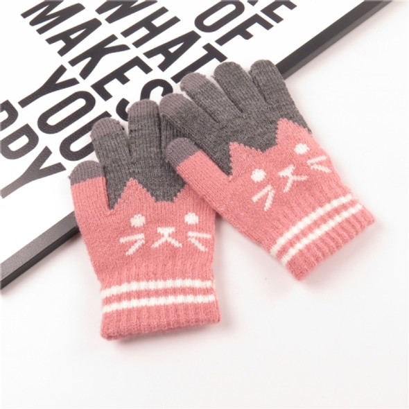 Winter Cute Cat Pattern Children Knitted Warm Gloves Touch Screen Gloves(Pink)