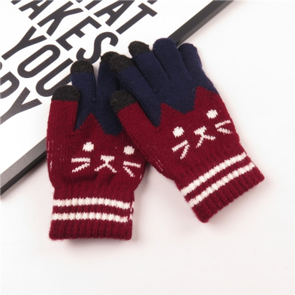 Winter Cute Cat Pattern Children Knitted Warm Gloves Touch Screen Gloves(Wine Red)