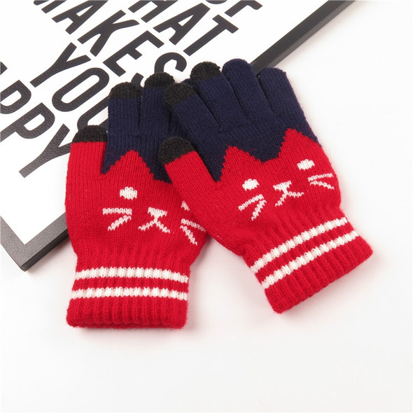 Winter Cute Cat Pattern Children Knitted Warm Gloves Touch Screen Gloves(Red)