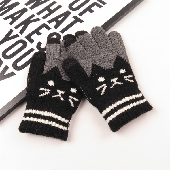 Winter Cute Cat Pattern Children Knitted Warm Gloves Touch Screen Gloves(Black)