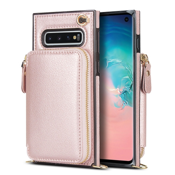 For Samsung Galaxy S10 Cross-body Zipper Big Wallet Bag Square Phone Case(Rose Gold)