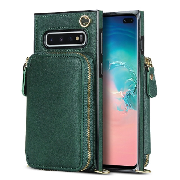 For Samsung Galaxy S10+ Cross-body Zipper Big Wallet Bag Square Phone Case(Emerald)