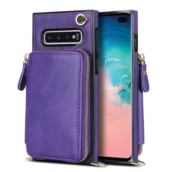 For Samsung Galaxy S10+ Cross-body Zipper Big Wallet Bag Square Phone Case(Purple)