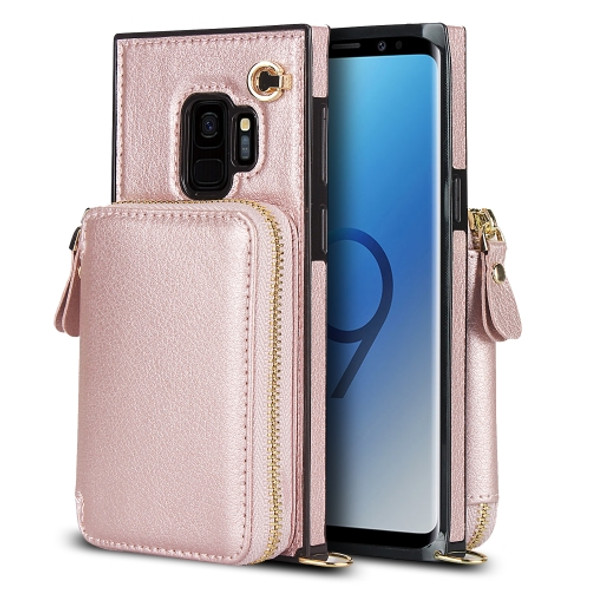 For Samsung Galaxy S9 Cross-body Zipper Big Wallet Bag Square Phone Case(Rose Gold)