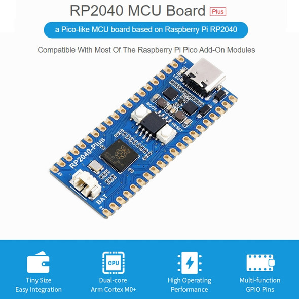 Waveshare RP2040-Plus Pico-like MCU Board Based on Raspberry Pi MCU RP2040, without Pinheader
