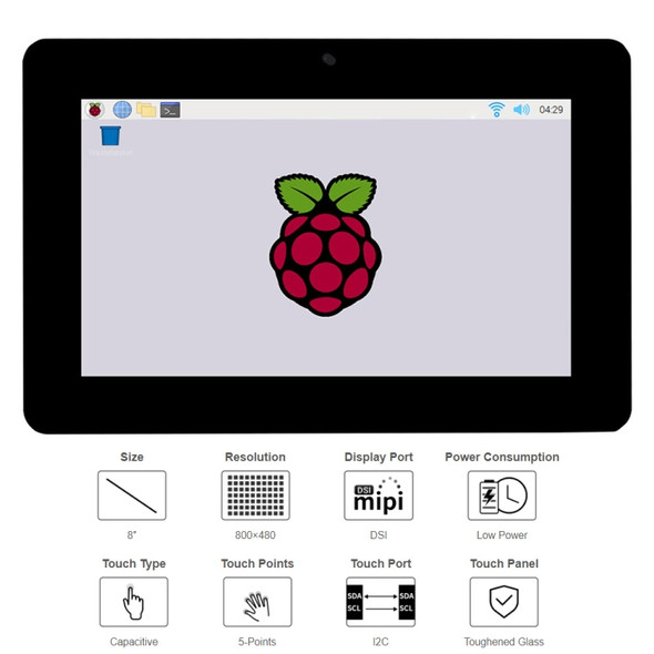 WAVESHARE 8 inch 800 x 480 Capacitive Touch Display for Raspberry Pi, DSI Interface