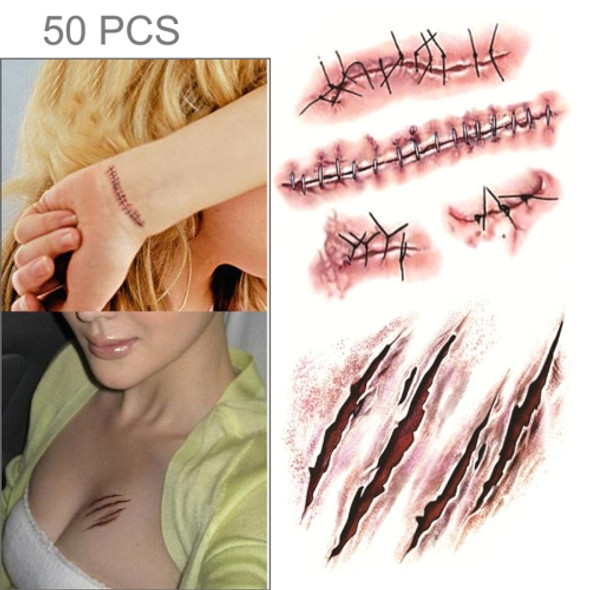 S-165 50 PCS Halloween Terror Wound Realistic Scratches Injury Scar Temporary Tattoo Sticker