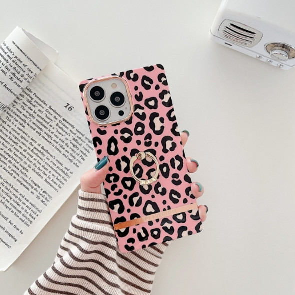 Ring Holder Square Plating Gold Edge Phone Case For iPhone 11 Pro(Pink Backgroud Leopard)