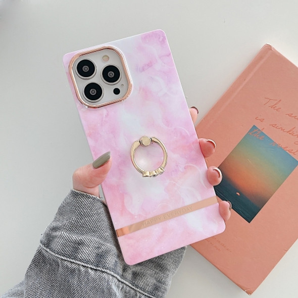 Ring Holder Square Plating Gold Edge Phone Case For iPhone 11(Galaxy White Pink)