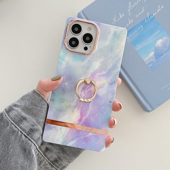 Ring Holder Square Plating Gold Edge Phone Case For iPhone 11(Galaxy White Purple)