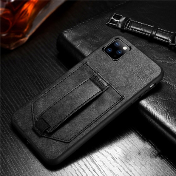 For iPhone 11 SULADA Shockproof TPU + Handmade Leather Protective Case with Holder & Card Slot & Hand Strap(Black)