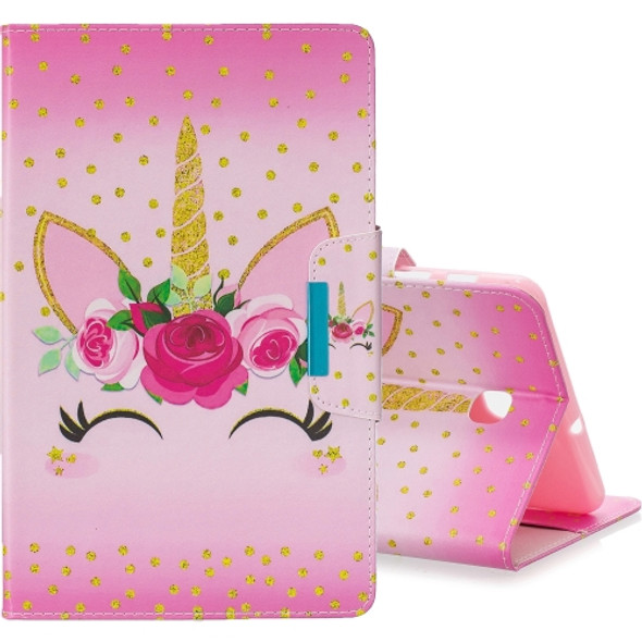 For Galaxy Tab A 8.0 (2018) T387 Colored Drawing Pattern Horizontal Flip Leather Case with Holder & Card Slot & Wallet(Unicorn With Flowers)