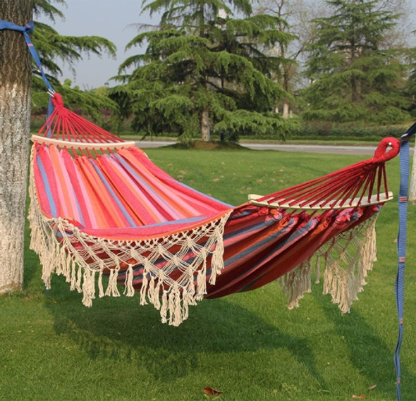 200x150cm Double Outdoor Camping Tassel Canvas Hammock with Stick(Pink Stripes)