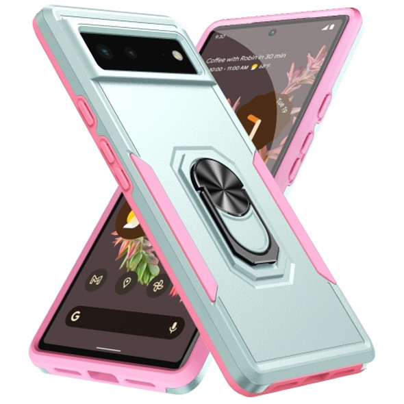 For Google Pixel 6 Pioneer Armor Heavy Duty PC + TPU Holder Phone Case(Green + Pink)