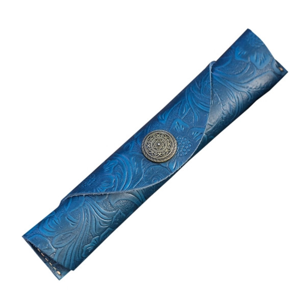 W-T24 Literary Retro Leather Roller Blind Pencil Case(Blue Carved)