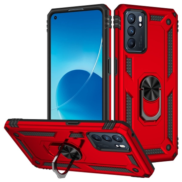 For OPPO Reno6 5G Shockproof TPU + PC Holder Phone Case(Red)