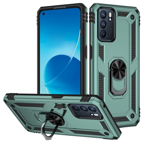 For OPPO Reno6 5G Shockproof TPU + PC Holder Phone Case(Dark Green)