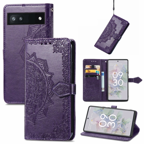 For Google Pixel 6a Mandala Flower Embossed Flip Leather Phone Case(Purple)