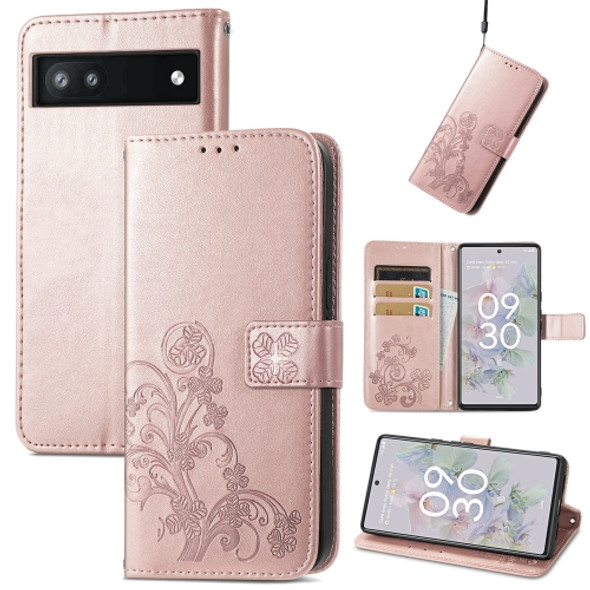 For Google Pixel 6a Four-leaf Clasp Embossed Buckle Leather Phone Case(Rose Gold)
