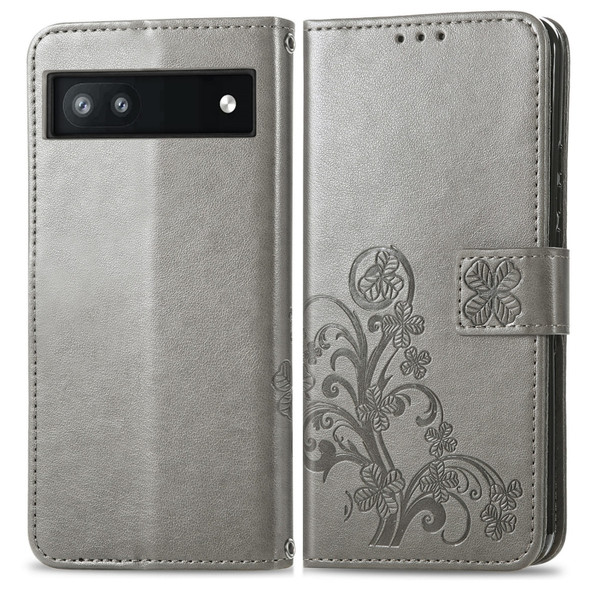 For Google Pixel 6a Four-leaf Clasp Embossed Buckle Leather Phone Case(Gray)