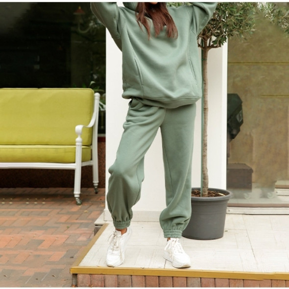 Autumn Winter Loose Hooded Plus Fleece Sweater + Trousers Suit for Ladies (Color:Green Size:M)