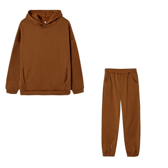 Autumn Winter Loose Hooded Plus Fleece Sweater + Trousers Suit for Ladies (Color:Camel Size:M)