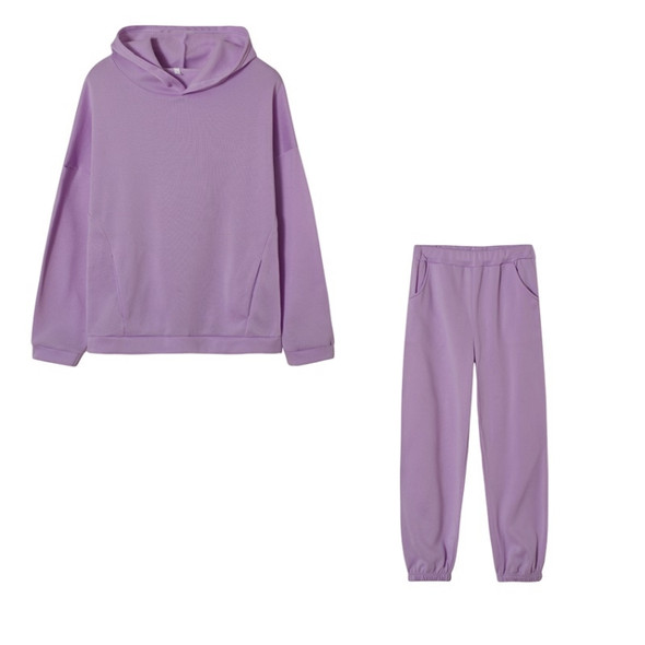 Autumn Winter Loose Hooded Plus Fleece Sweater + Trousers Suit for Ladies (Color:Purple Size:M)