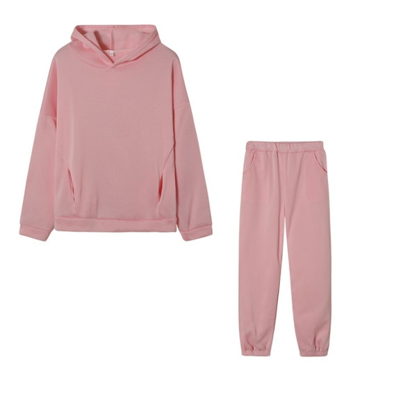 Autumn Winter Loose Hooded Plus Fleece Sweater + Trousers Suit for Ladies (Color:Pink Size:S)