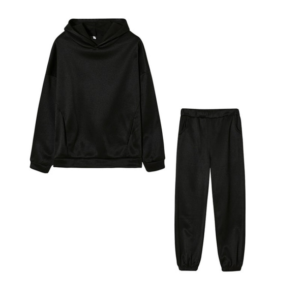 Autumn Winter Loose Hooded Plus Fleece Sweater + Trousers Suit for Ladies (Color:Black Size:XL)