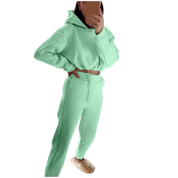 Autumn Loose Long-sleeved Short Drawstring Hooded Sweater + Trousers Suit For Ladies (Color:Green Size:M)