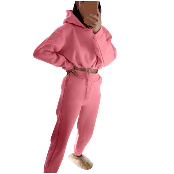 Autumn Loose Long-sleeved Short Drawstring Hooded Sweater + Trousers Suit For Ladies (Color:Pink Size:XL)