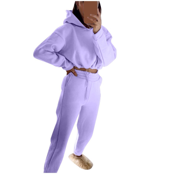 Autumn Loose Long-sleeved Short Drawstring Hooded Sweater + Trousers Suit For Ladies (Color:Purple Size:XL)