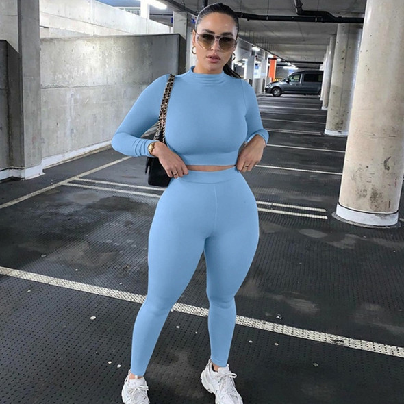 Fall Winter Solid Color Slim Fit Long-sleeved Sweatshirt + Trousers Suit for Ladies (Color:Blue Size:XXL)