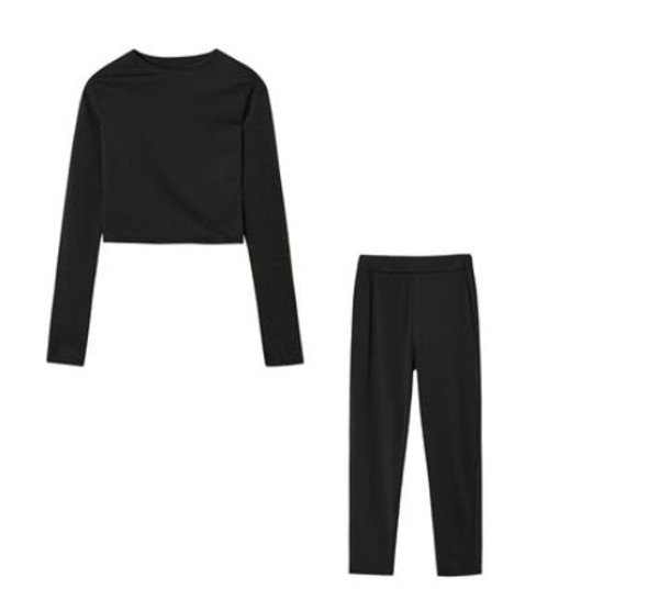 Fall Winter Solid Color Slim Fit Long-sleeved Sweatshirt + Trousers Suit for Ladies (Color:Black Size:M)