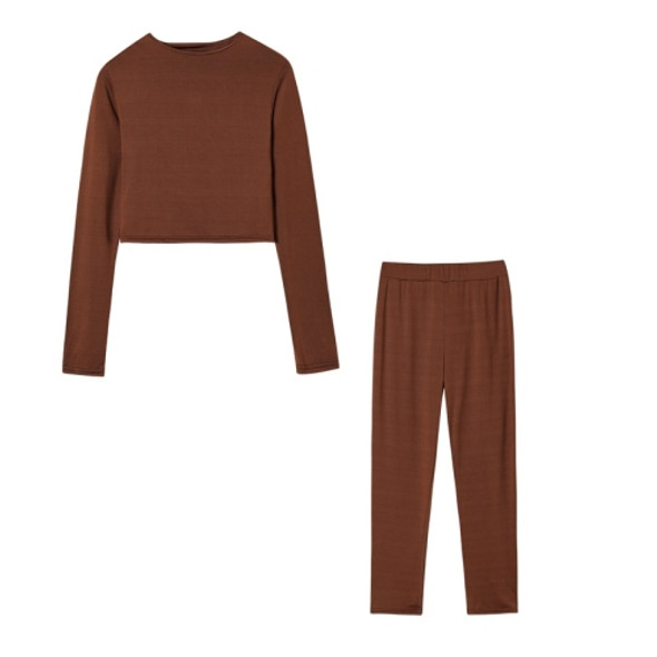 Fall Winter Solid Color Slim Fit Long-sleeved Sweatshirt + Trousers Suit for Ladies (Color:Coffee Gray Size:L)