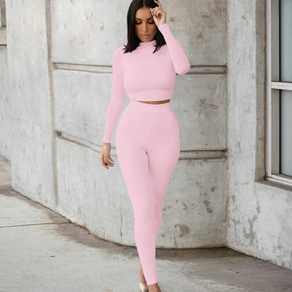 Fall Winter Solid Color Slim Fit Long-sleeved Sweatshirt + Trousers Suit for Ladies (Color:Pink Size:L)