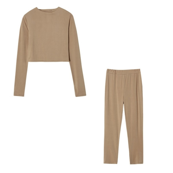 Fall Winter Solid Color Slim Fit Long-sleeved Sweatshirt + Trousers Suit for Ladies (Color:Khaki Size:L)