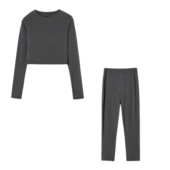 Fall Winter Solid Color Slim Fit Long-sleeved Sweatshirt + Trousers Suit for Ladies (Color:Dark Gray Size:L)