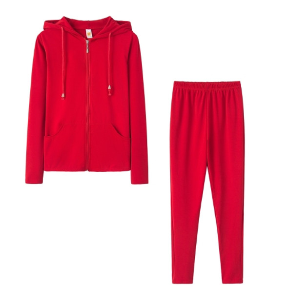 Spring Solid Color Tight-fitting Casual Hooded Sweater + Trousers Suit for Ladies (Color:Red Size:S)