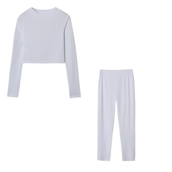 Fall Winter Solid Color Slim Fit Long-sleeved Sweatshirt + Trousers Suit for Ladies (Color:White Size:M)