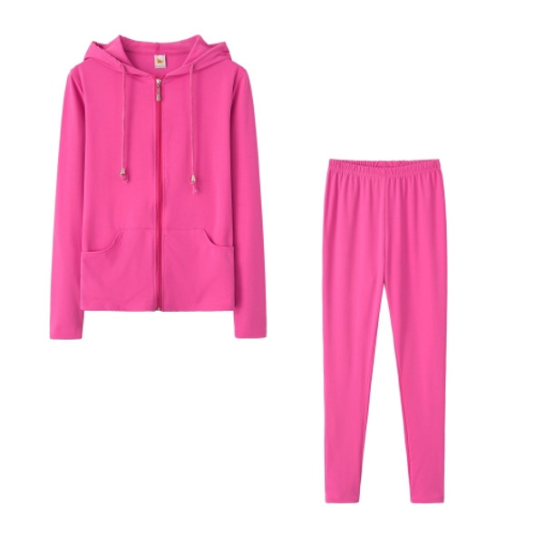 Spring Solid Color Tight-fitting Casual Hooded Sweater + Trousers Suit for Ladies (Color:Rose Red Size:L)