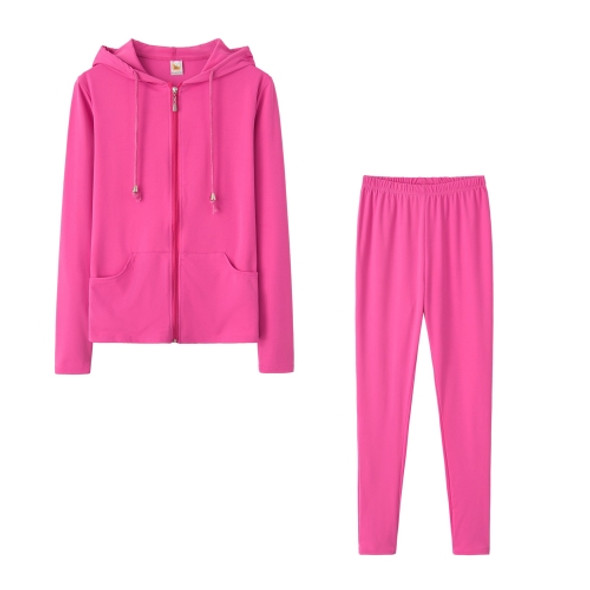 Spring Solid Color Tight-fitting Casual Hooded Sweater + Trousers Suit for Ladies (Color:Rose Red Size:XL)