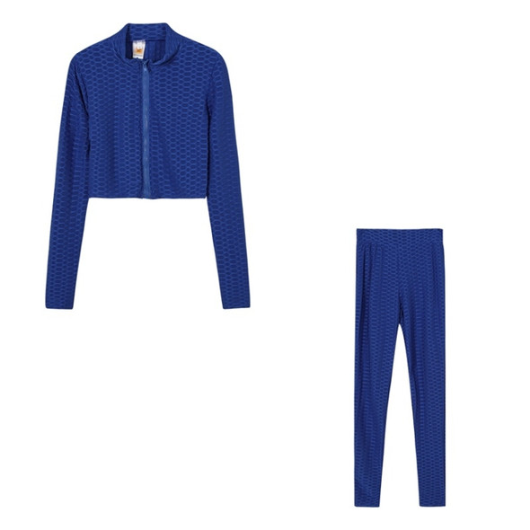2 in 1 Spring Autumn Net Pattern Solid Color Zipper Long-sleeved Shirt + Trousers Suit for Ladies (Color:Blue Size:M)