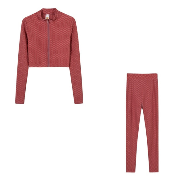 2 in 1 Spring Autumn Net Pattern Solid Color Zipper Long-sleeved Shirt + Trousers Suit for Ladies (Color:Pink Size:S)