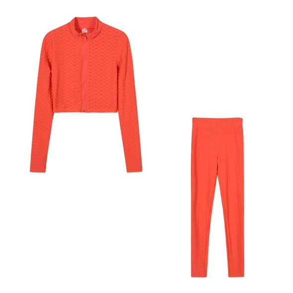 2 in 1 Spring Autumn Net Pattern Solid Color Zipper Long-sleeved Shirt + Trousers Suit for Ladies (Color:Orange Size:XL)