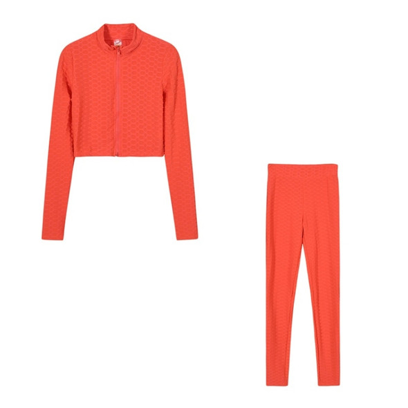 2 in 1 Spring Autumn Net Pattern Solid Color Zipper Long-sleeved Shirt + Trousers Suit for Ladies (Color:Orange Size:S)